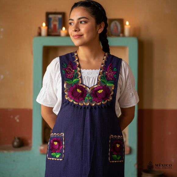 Purple Mexican Embroidered Apron – Standard Kitchen Apron Floral Embroidery - Picture 3 of 8